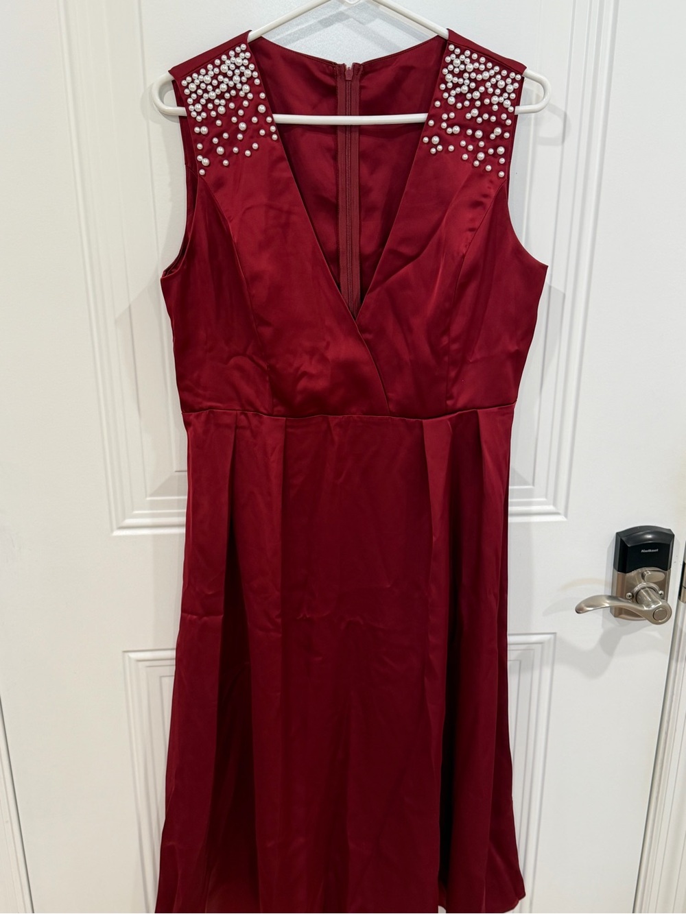 SHEIN Burgundy Satin Midi Dress with Pearl-Studded Shoulders 12-XL